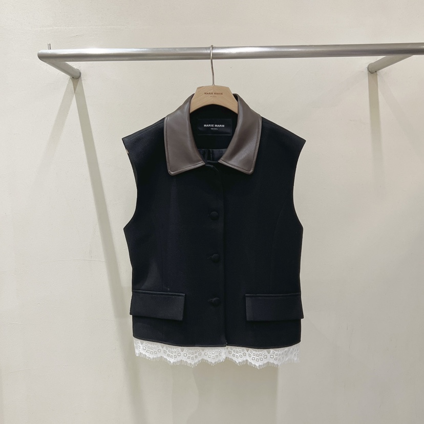 MARIE MARIE東大門實拍26秋冬皮質翻領蕾絲拼接馬甲拼接蕾絲花MARIE MARIE馬甲圖色2