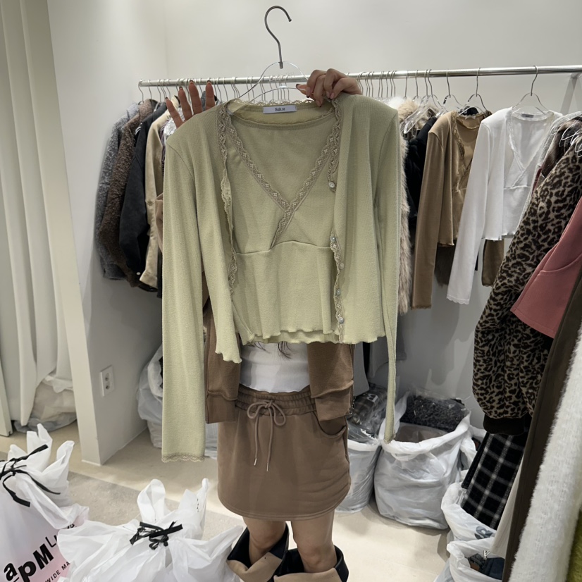 BAIE.38東大門代購26秋冬蕾絲邊針織開衫吊帶套裝單排扣V領蕾BAIE.38套裝圖色3