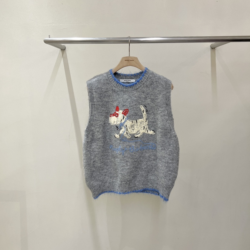 MARIE MARIE韓國直郵26秋季童趣小狗針織馬甲吊帶背心毛絨刺繡MARIE MARIE吊帶/背心圖色2