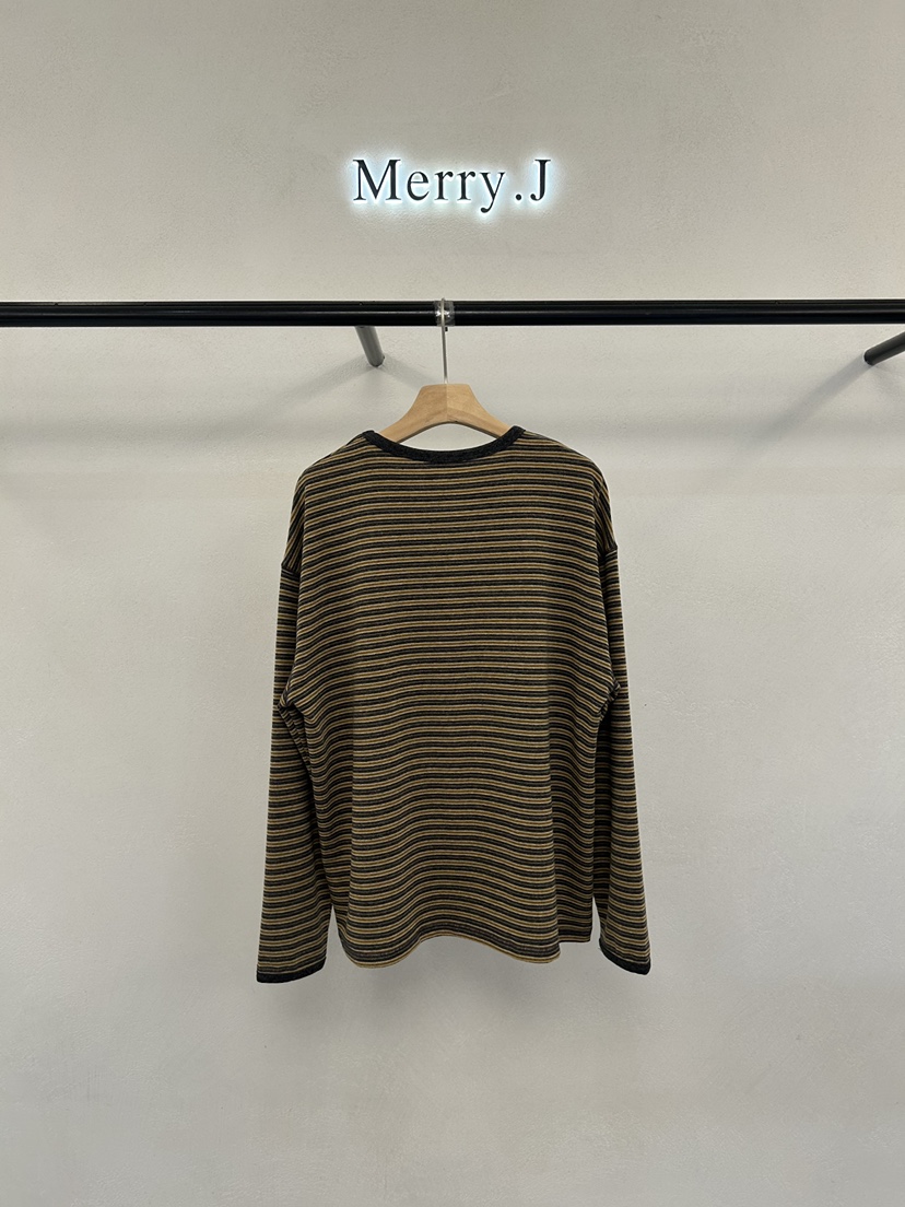MERRY-J韓國直郵26秋冬落肩寬松條紋長袖T恤落肩撞色圓領寬松MERRY-J長袖T恤