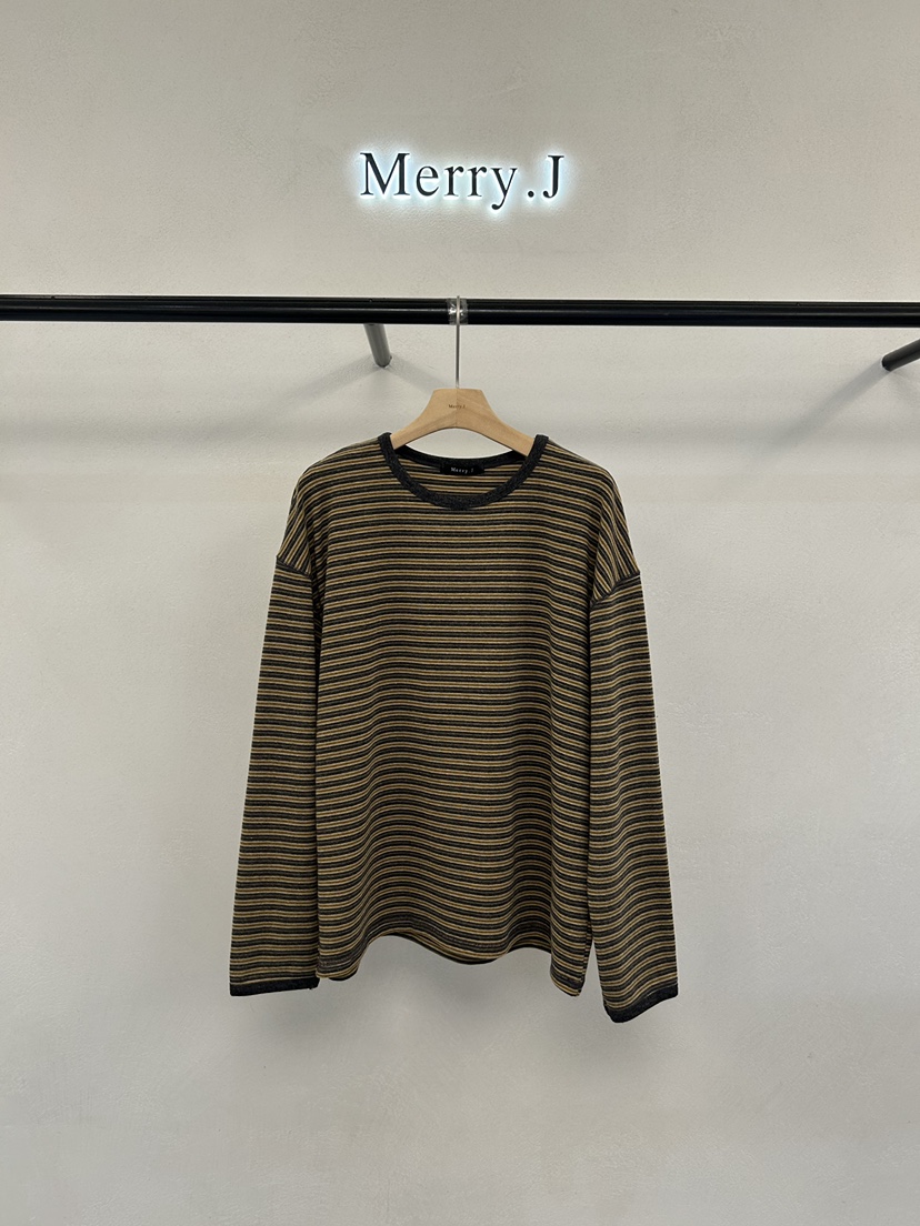 MERRY-J韓國直郵26秋冬落肩寬松條紋長袖T恤落肩撞色圓領寬松MERRY-J長袖T恤圖色1