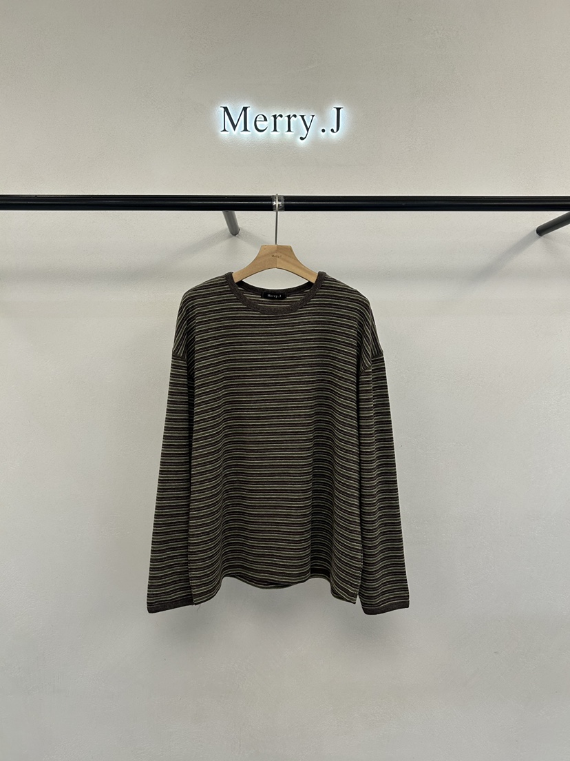 MERRY-J韓國直郵26秋冬落肩寬松條紋長袖T恤落肩撞色圓領寬松MERRY-J長袖T恤圖色2