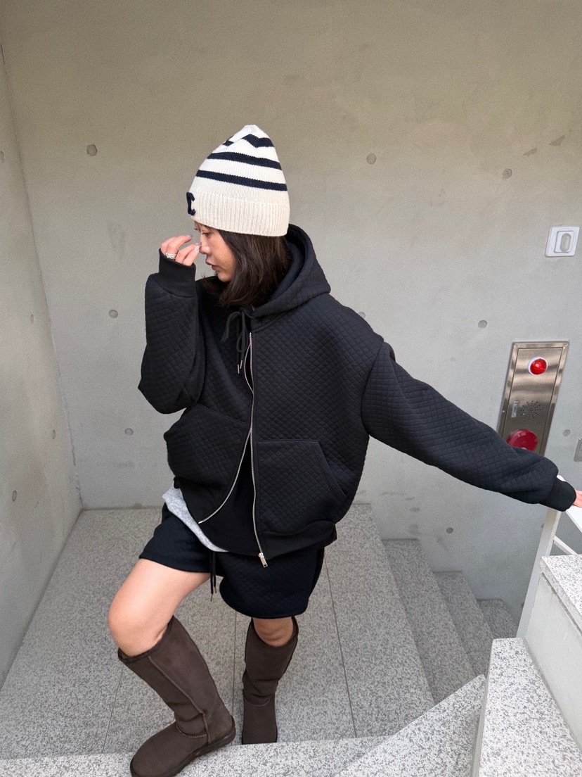 OLI EDIT韓國代購26秋冬菱格絎縫連帽套裝衛衣連帽衫口袋抽繩OLI EDIT衛衣