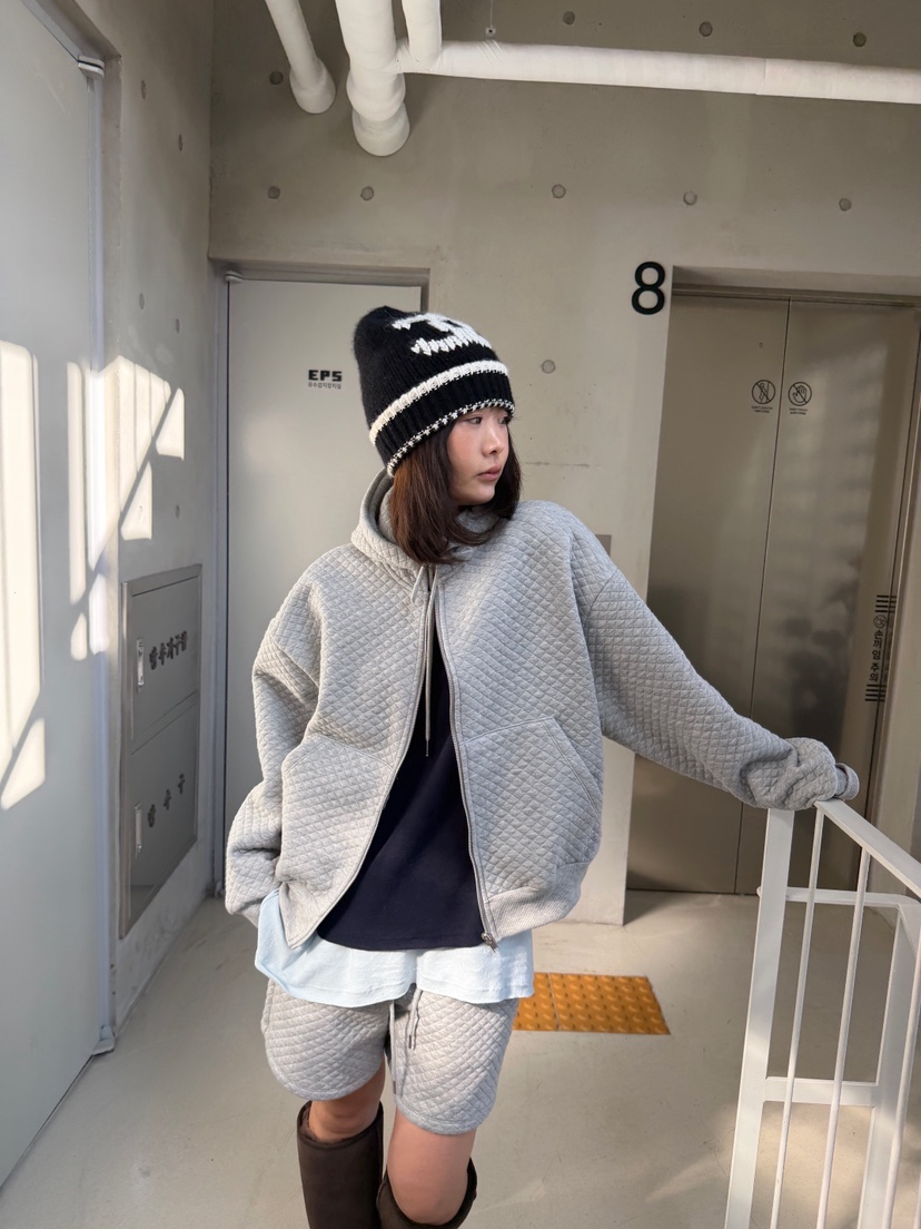 OLI EDIT韓國代購26秋冬菱格絎縫連帽套裝衛衣連帽衫口袋抽繩OLI EDIT衛衣