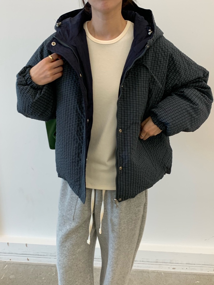 COBALT BLUE東大門實拍26秋季連帽格紋棉服短款棉服羽絨服兩面COBALT BLUE短款棉服