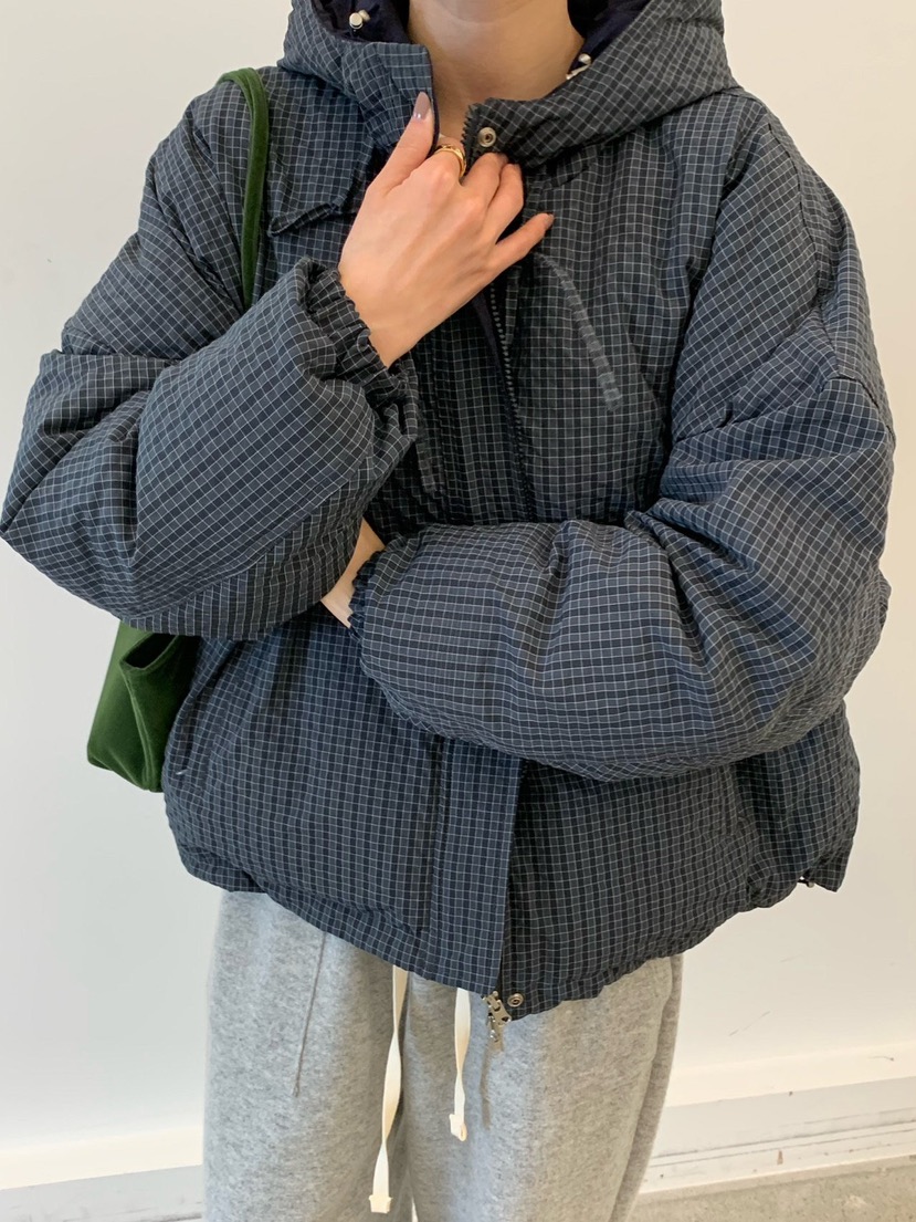 COBALT BLUE東大門實拍26秋季連帽格紋棉服短款棉服羽絨服兩面COBALT BLUE短款棉服圖色2