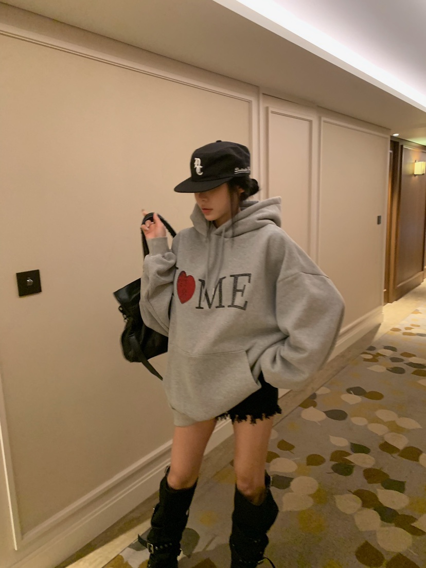 BADCALM韓國直郵26秋冬寬松連帽印花衛衣連帽衫口袋抽繩落肩寬BADCALM衛衣圖色1
