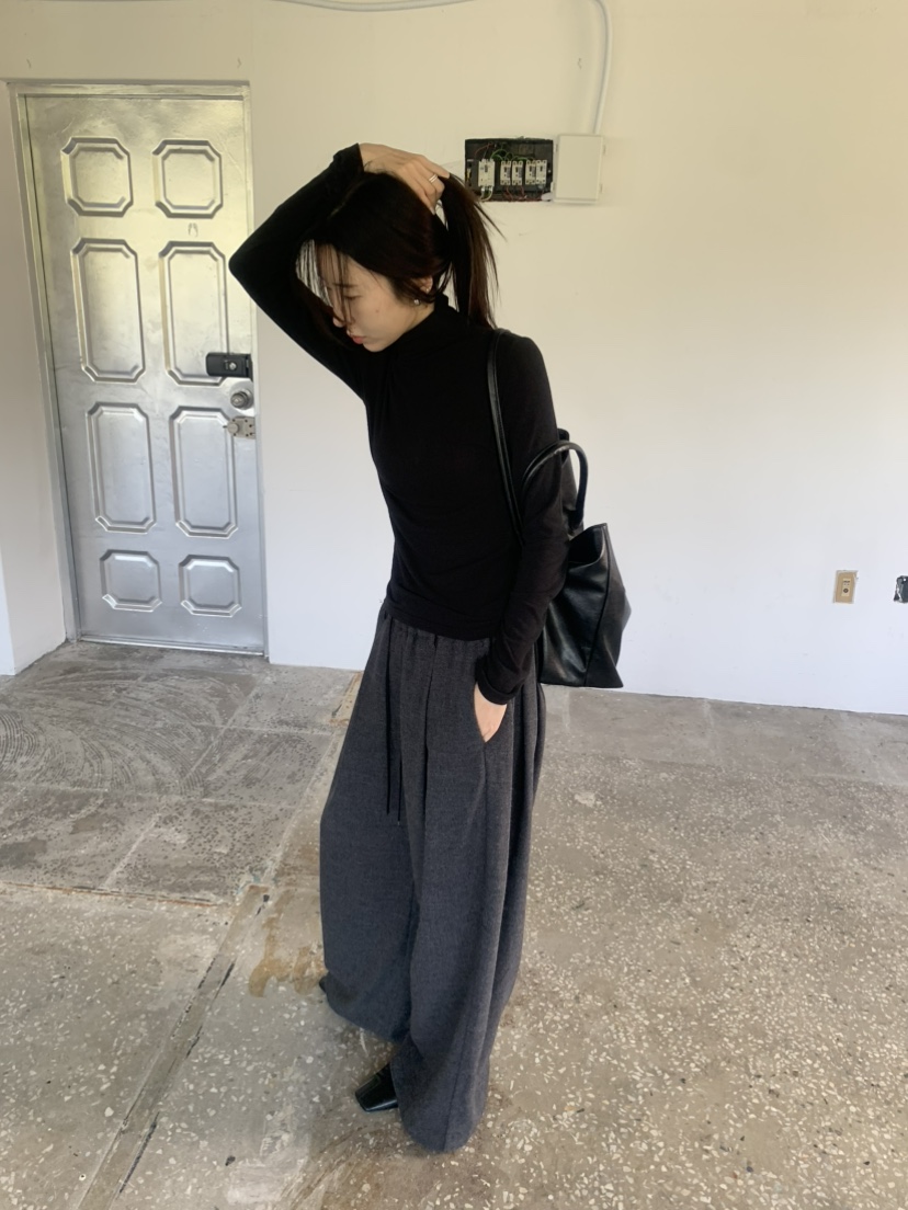LE AVE東大門實拍26秋冬豎條紋闊腿休閑褲抽繩條紋LE AVE休閑褲