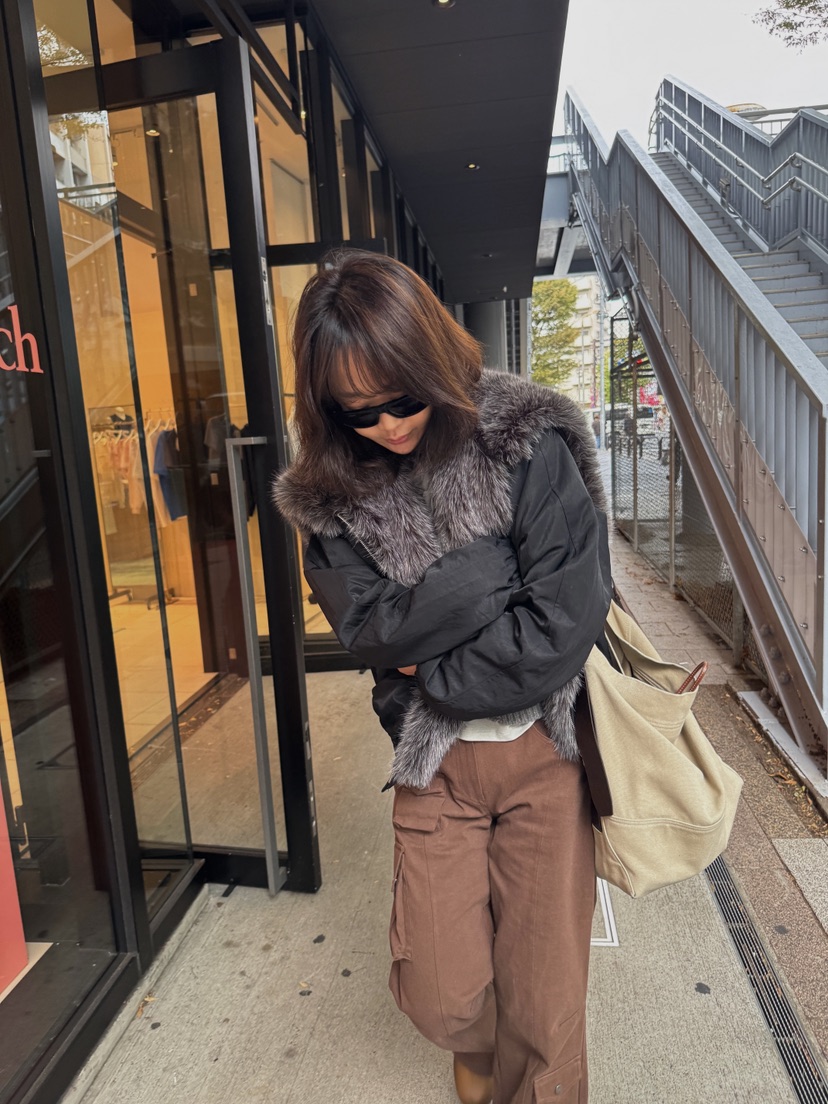 OLI EDIT東大門代購26秋冬毛領短款棉服落肩寬松絎縫OLI EDIT短款棉服