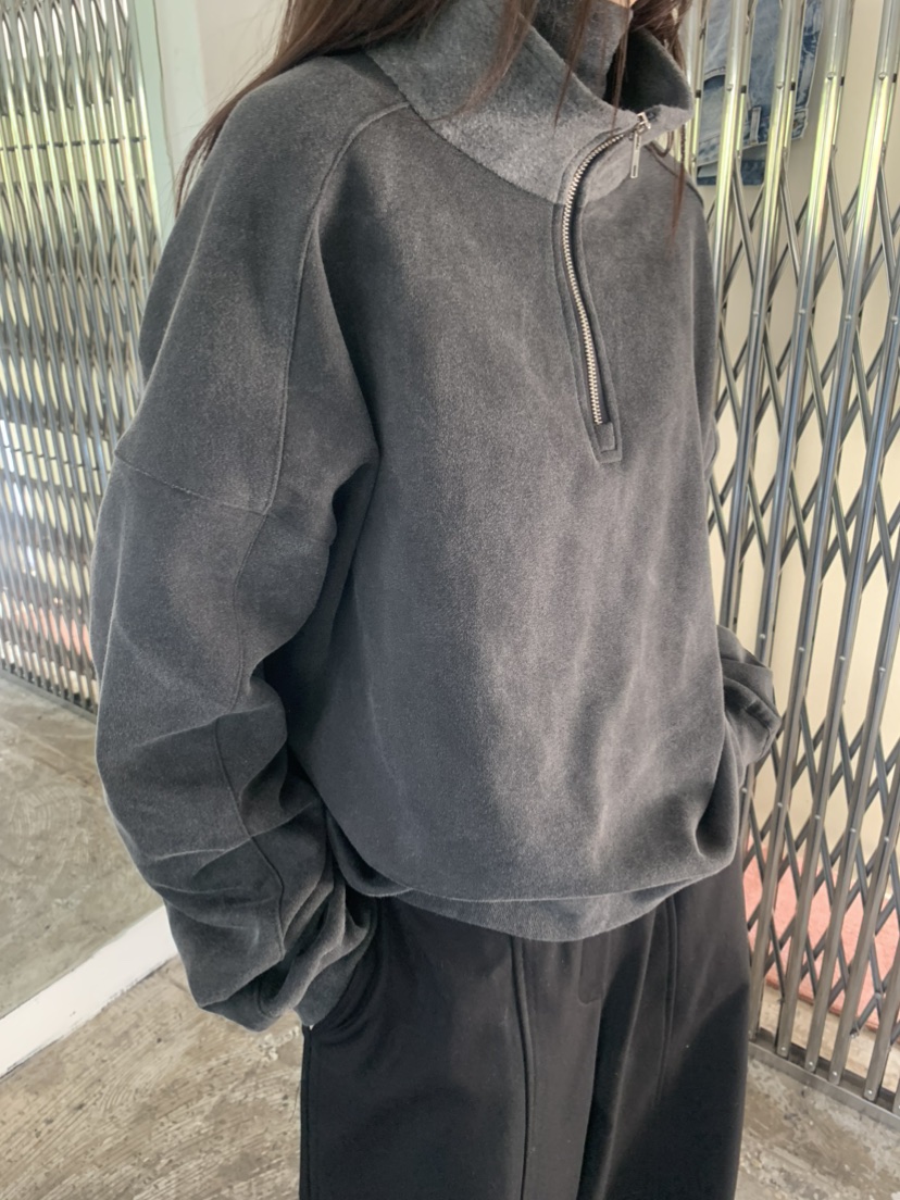 LE AVE韓國代購26秋冬半拉鏈立領麂皮絨衛衣半拉鏈立領落肩LE AVE衛衣