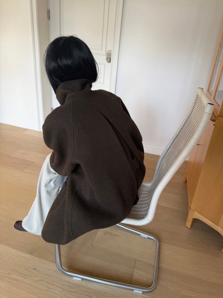 MARE東大門直郵26秋冬立領寬松中長款大衣口袋立領羊駝落肩褶MARE中長款大衣