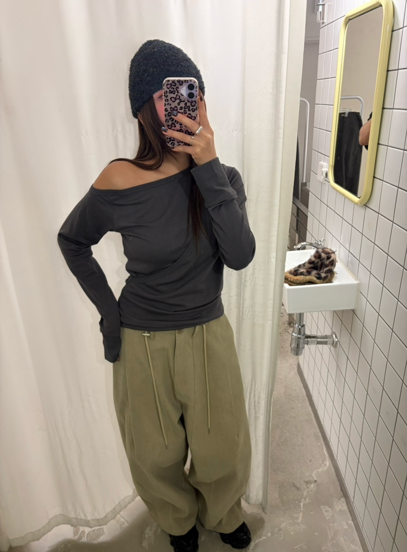 TIPSY韓國直郵26秋冬斜襟兩穿露肩長袖T恤修身TIPSY長袖T恤