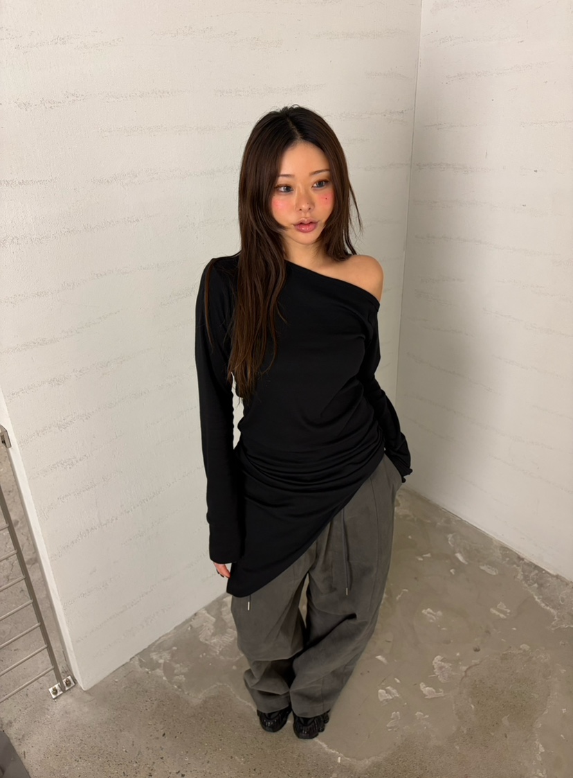TIPSY韓國直郵26秋冬斜襟兩穿露肩長袖T恤修身TIPSY長袖T恤