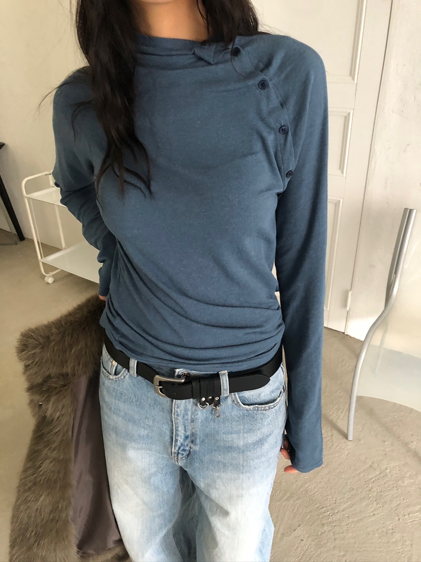 ACORN東大門代購26秋季斜襟扣飾半高領長袖T恤插肩袖高領紐扣ACORN長袖T恤