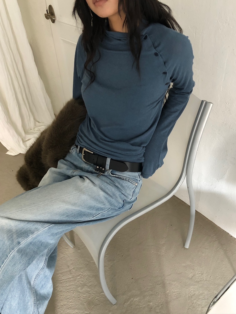 ACORN東大門代購26秋季斜襟扣飾半高領長袖T恤插肩袖高領紐扣ACORN長袖T恤
