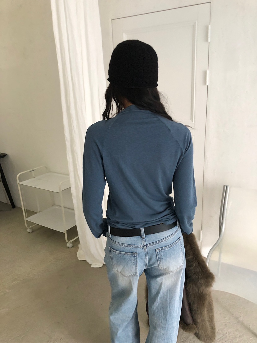ACORN東大門代購26秋季斜襟扣飾半高領長袖T恤插肩袖高領紐扣ACORN長袖T恤