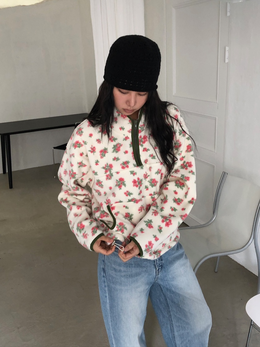 ACORN韓國代購26秋季碎花搖粒絨半拉鏈衛衣半拉鏈立領抽繩落肩ACORN衛衣