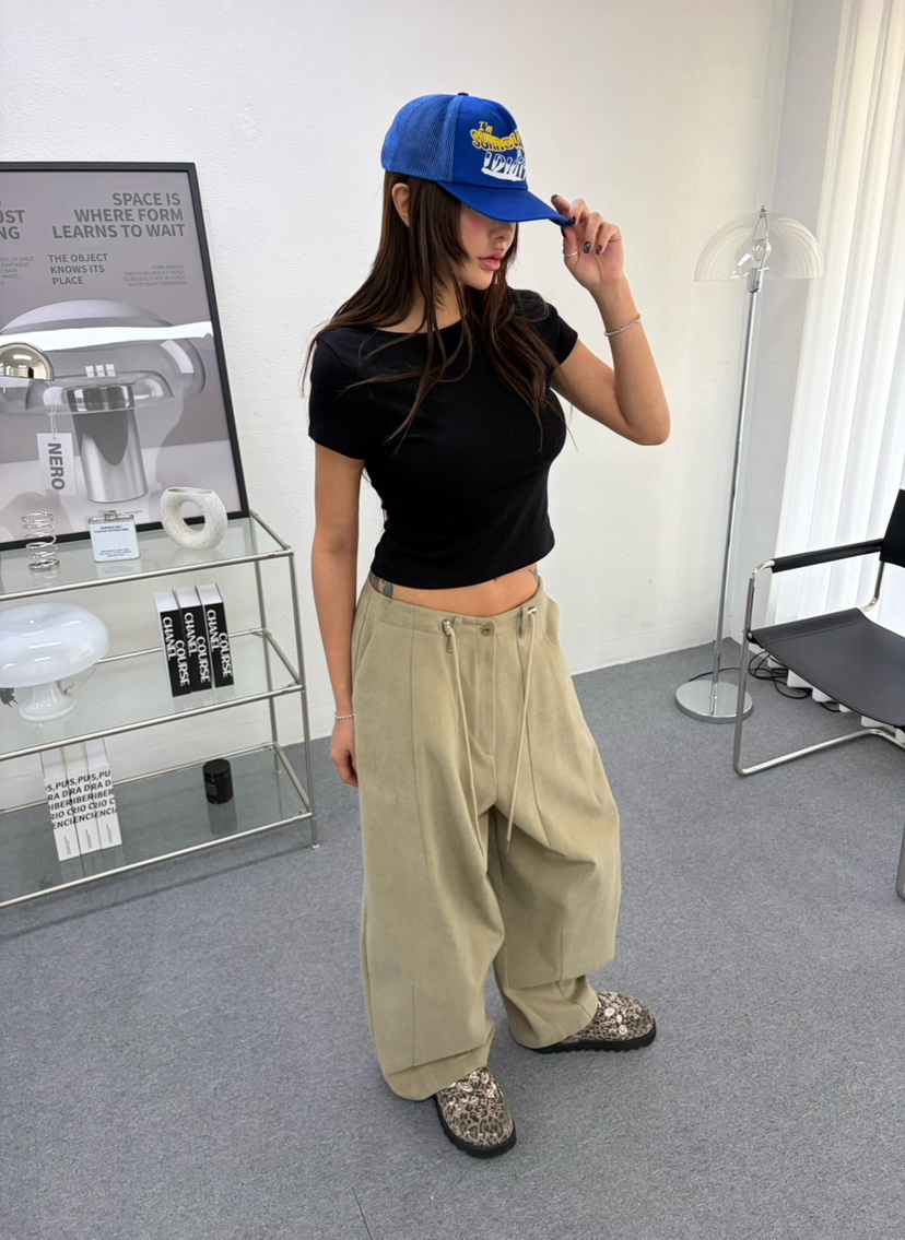 TIPSY東大門代購26秋冬抽繩闊腿休閑褲 街頭風抽繩寬松TIPSY休閑褲
