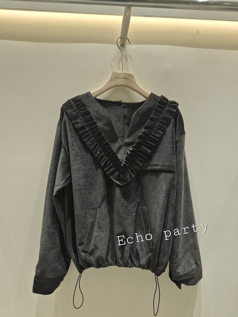 Echo party韓國直郵26秋季V領荷葉邊絲絨衛衣荷葉邊口袋抽繩Echo party衛衣圖色2