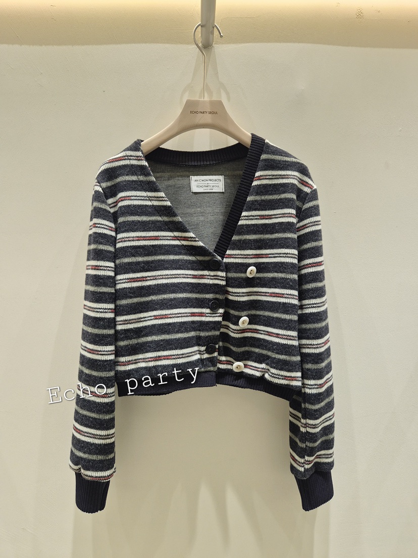 Echo party東大門實拍26秋冬短款條紋馬海毛針織開衫V領短款紐Echo party開衫圖色2