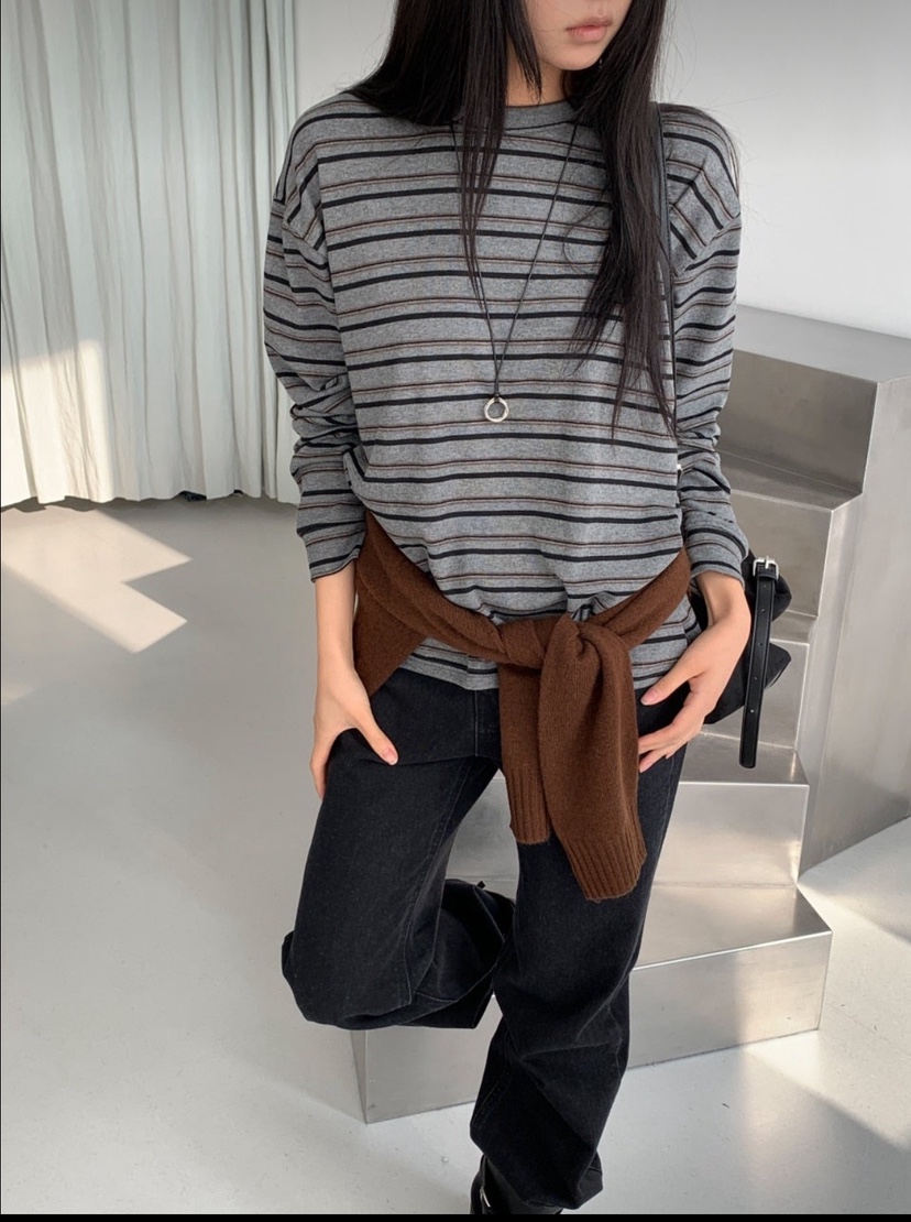 ARTE STUDIO東大門代購26秋季圓領條紋長袖T恤落肩圓領條紋ARTE STUDIO長袖T恤