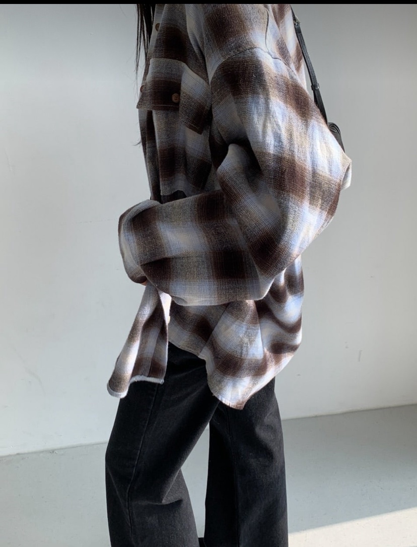 ARTE STUDIO東大門代購26秋季寬松格紋襯衫蕾絲衫格子落肩寬松ARTE STUDIO襯衫/蕾絲衫