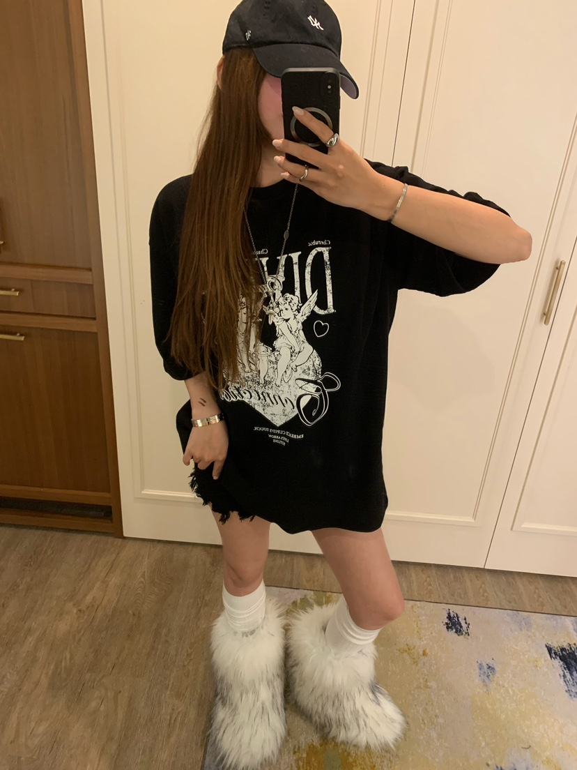 BADCALM東大門代購26秋季天使盒子印花寬松短袖T恤毛邊設僅恤BADCALMT恤