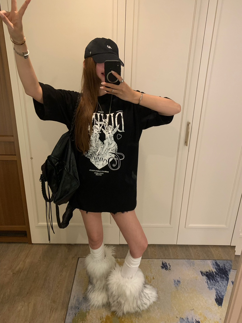 BADCALM東大門代購26秋季天使盒子印花寬松短袖T恤毛邊設僅恤BADCALMT恤