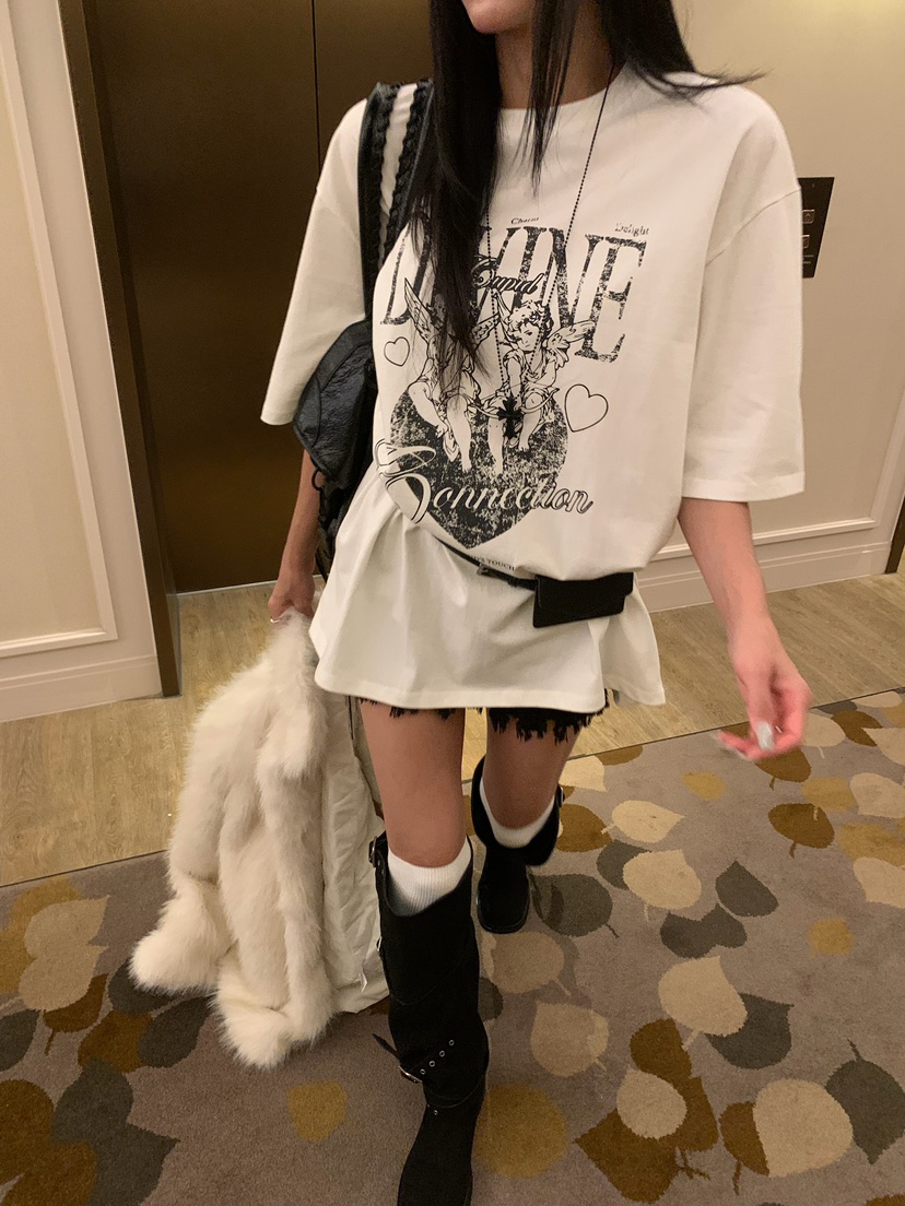 BADCALM東大門代購26秋季天使盒子印花寬松短袖T恤毛邊設僅恤BADCALMT恤