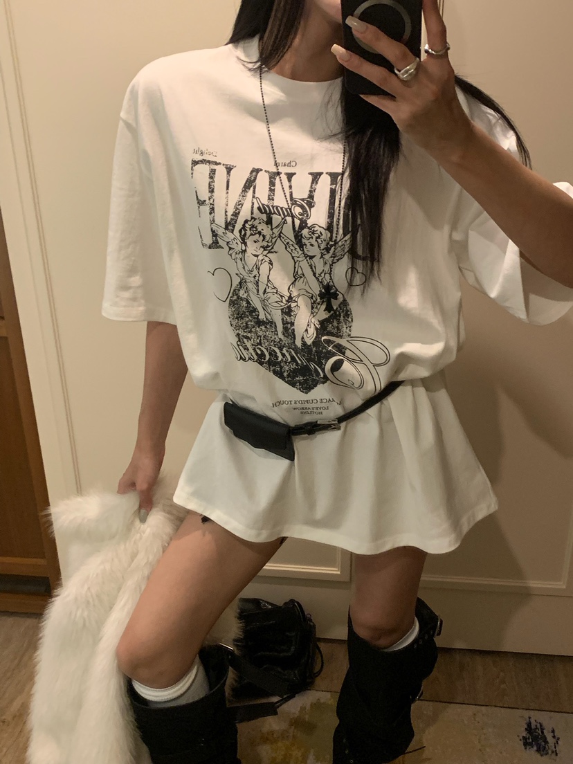 BADCALM東大門代購26秋季天使盒子印花寬松短袖T恤毛邊設僅恤BADCALMT恤