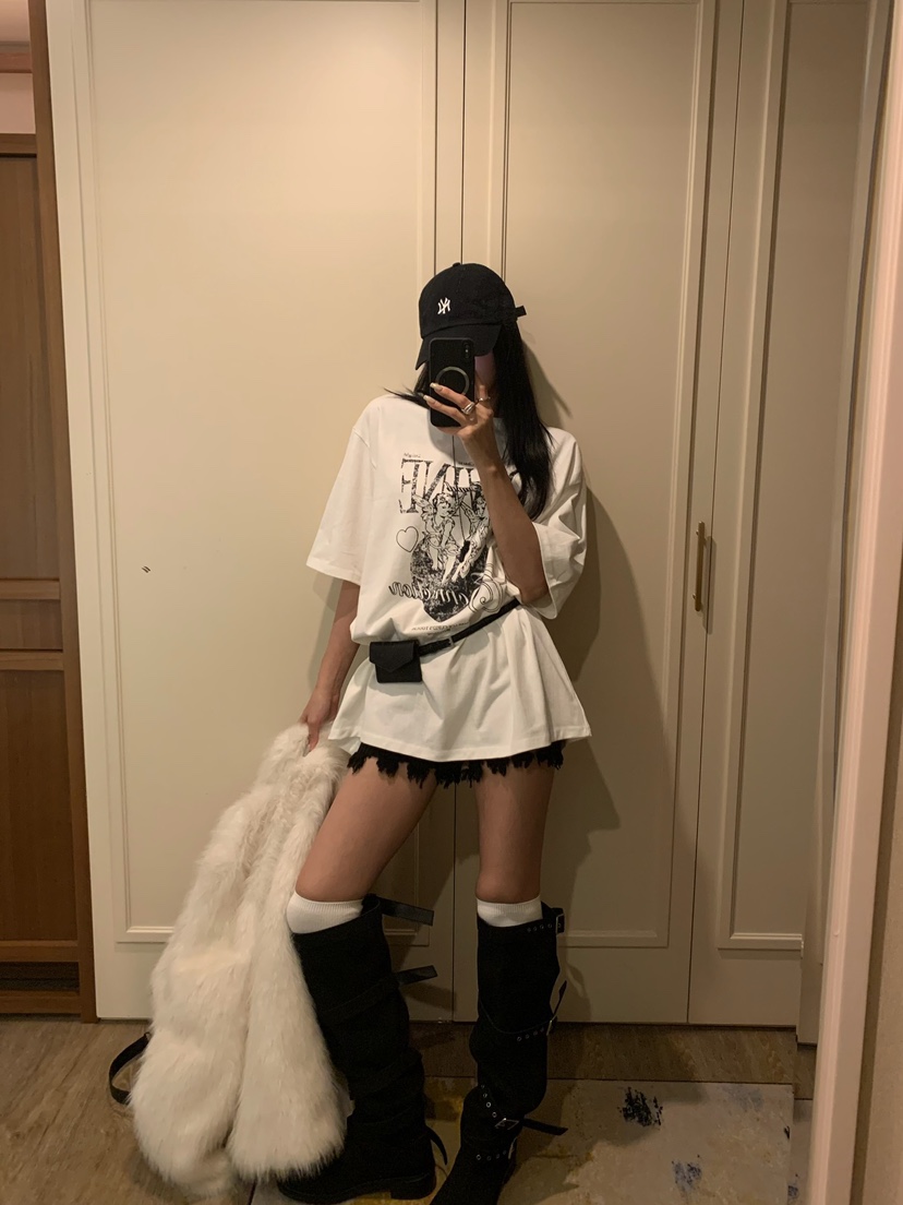 BADCALM東大門代購26秋季天使盒子印花寬松短袖T恤毛邊設僅恤BADCALMT恤圖色3