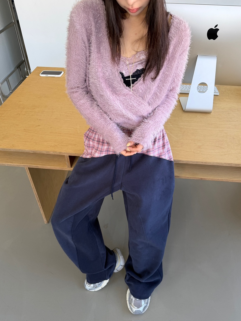 LOVE PULL東大門實拍26秋季交叉V領短款針織衫安哥拉V領短款蕾LOVE PULL針織衫