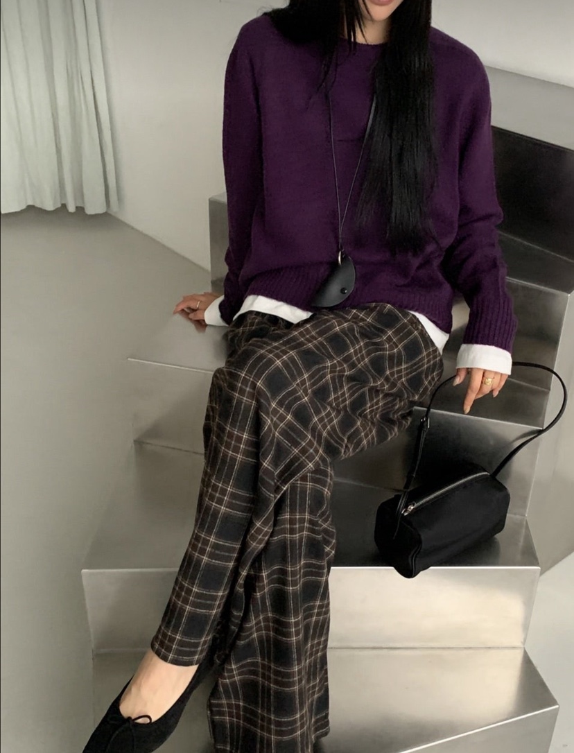 ARTE STUDIO東大門代購26秋冬復古格紋闊腿休閑褲闊腿褲直筒高ARTE STUDIO休閑褲
