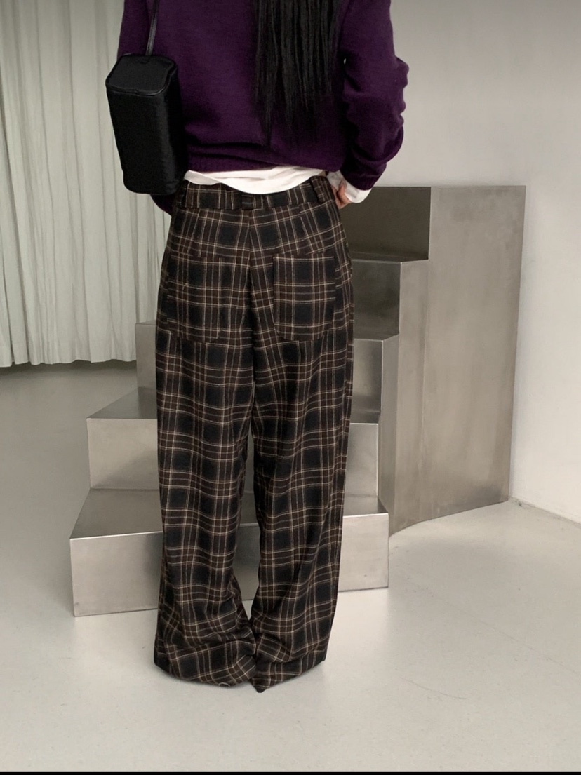 ARTE STUDIO東大門代購26秋冬復古格紋闊腿休閑褲闊腿褲直筒高ARTE STUDIO休閑褲