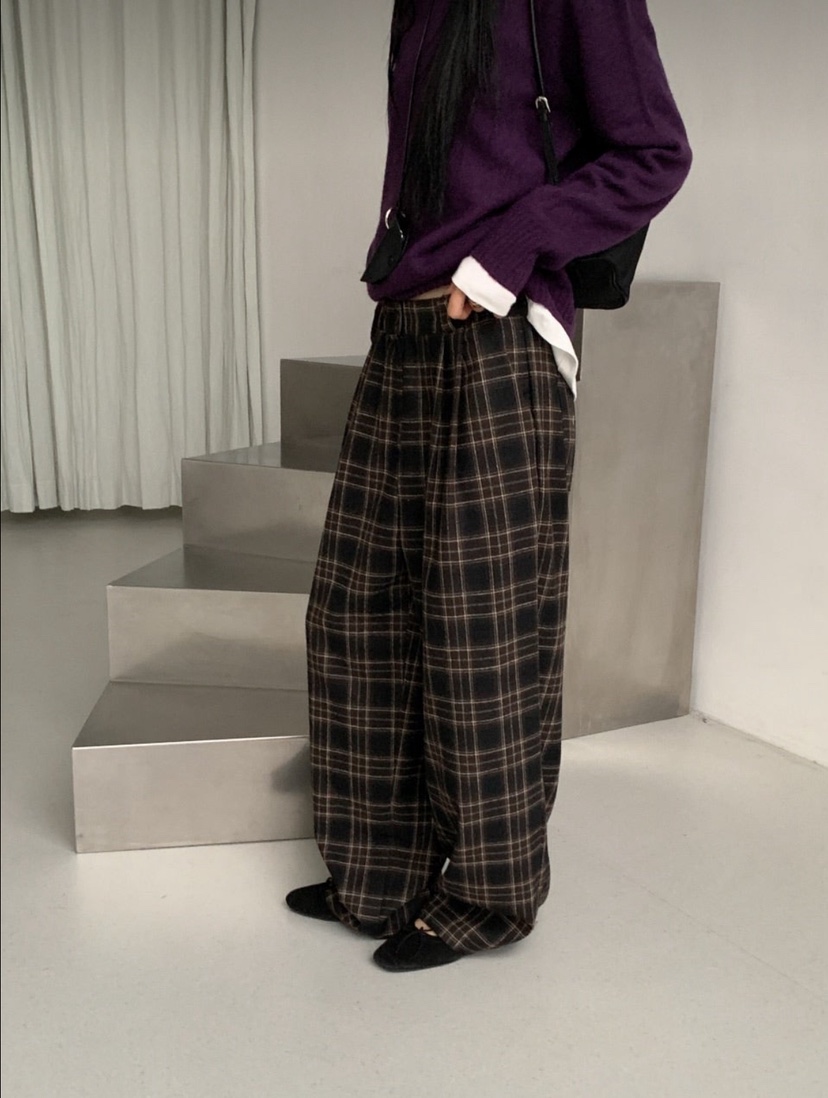 ARTE STUDIO東大門代購26秋冬復古格紋闊腿休閑褲闊腿褲直筒高ARTE STUDIO休閑褲