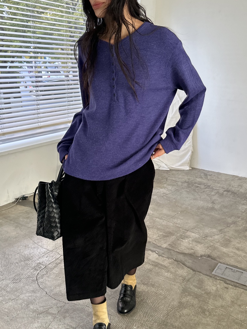 LE VASE韓國直郵26秋冬亨利領寬松針織衫長袖T恤落肩寬松開襟LE VASE長袖T恤