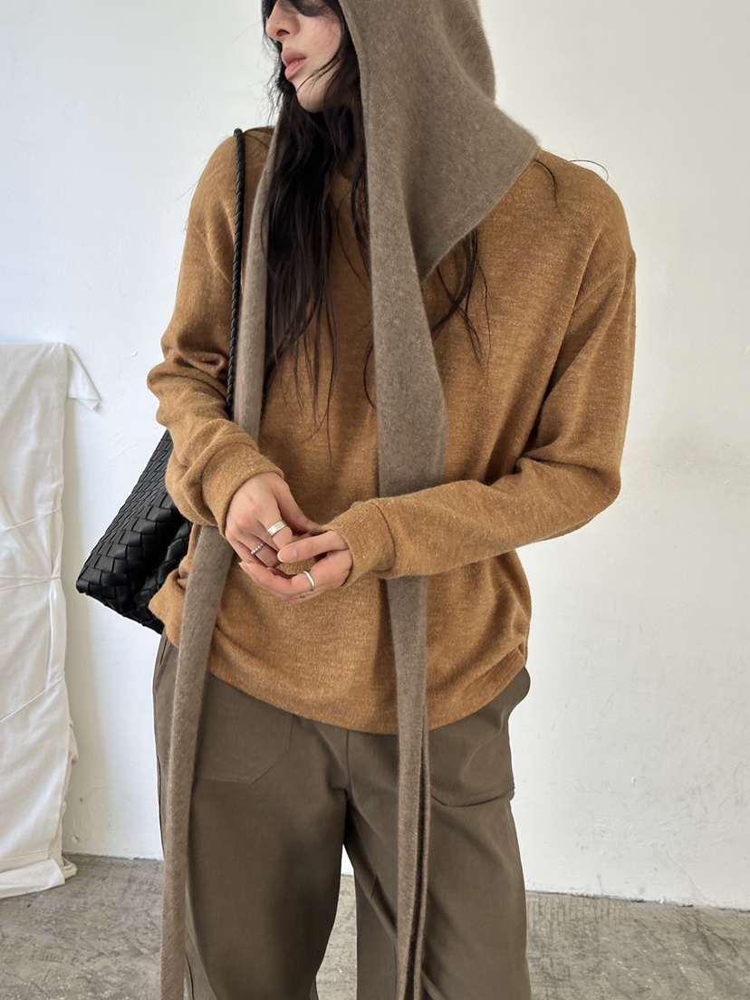 LE VASE韓國直郵26秋冬亨利領寬松針織衫長袖T恤落肩寬松開襟LE VASE長袖T恤
