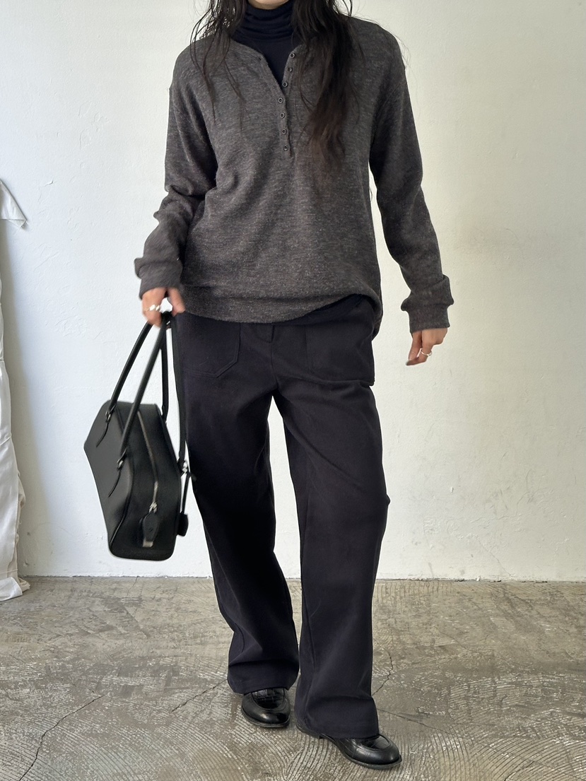 LE VASE韓國直郵26秋冬亨利領寬松針織衫長袖T恤落肩寬松開襟LE VASE長袖T恤