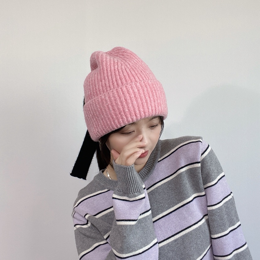 LOVELY HAT韓國直郵26秋季針織毛線帽帶黑飄帶帽子黑色條紋LOVELY HAT帽子