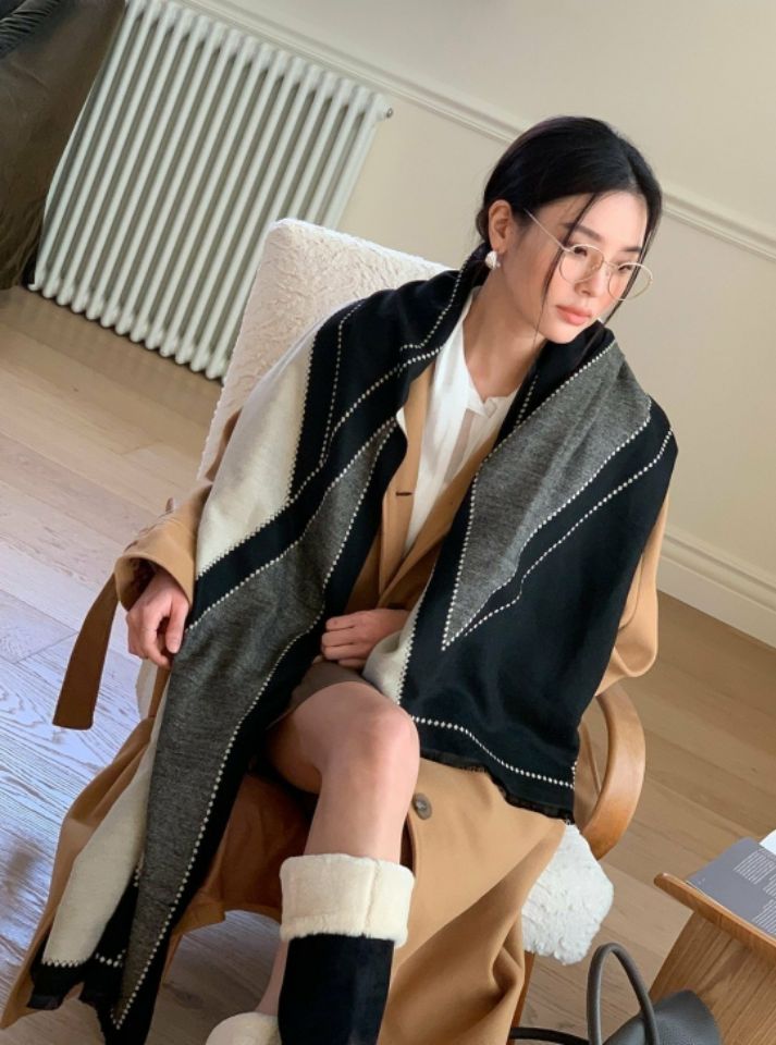 EBADA東大門實拍26秋冬幾何撞色長款圍巾披肩撞色EBADA圍巾/披肩