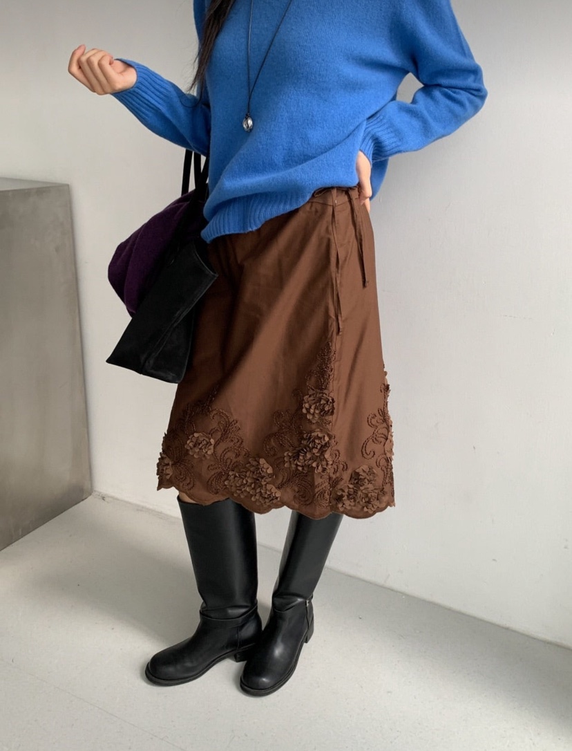 ARTE STUDIO東大門代購26秋季刺繡花飾中長裙半身裙中短裙刺繡ARTE STUDIO半身裙/中短裙