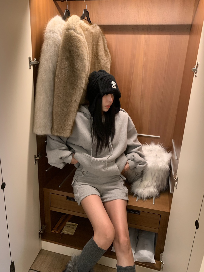 BADCALM韓國直郵26秋季寬松連帽衛衣短褲套裝口袋工裝直筒落肩BADCALM衛衣