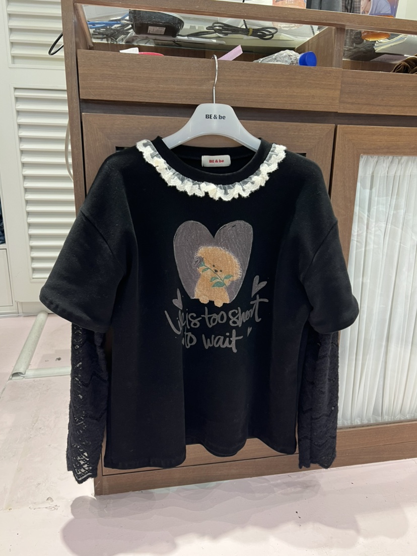 BE&be韓國代購26秋季蕾絲拼接假兩件貴賓犬T恤長袖T恤假兩件蕾BE&be長袖T恤圖色2