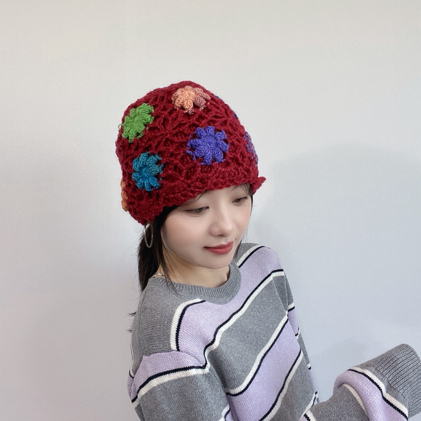 LOVELY HAT韓國直郵26秋季復古鉤花針織帽帽子花朵LOVELY HAT帽子
