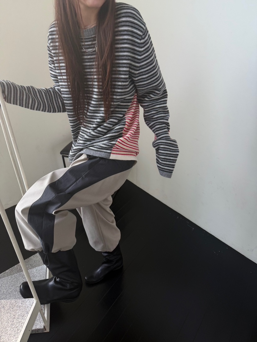 MINIMUZE韓國直郵26秋冬不對稱條紋針織衫長袖T恤下擺側邊開叉MINIMUZE長袖T恤
