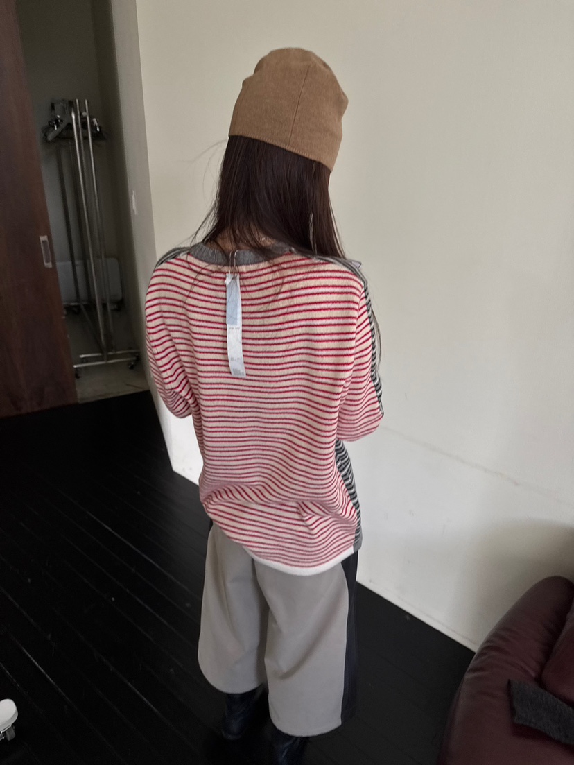 MINIMUZE韓國直郵26秋冬不對稱條紋針織衫長袖T恤下擺側邊開叉MINIMUZE長袖T恤
