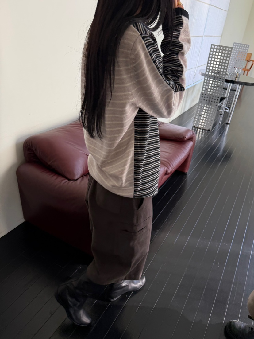 MINIMUZE韓國直郵26秋冬不對稱條紋針織衫長袖T恤下擺側邊開叉MINIMUZE長袖T恤
