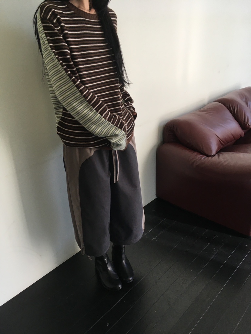 MINIMUZE韓國直郵26秋冬不對稱條紋針織衫長袖T恤下擺側邊開叉MINIMUZE長袖T恤