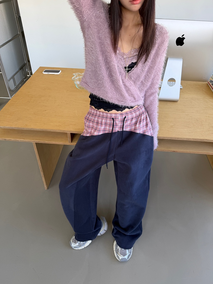 LOVE PULL東大門直郵26秋冬格紋拼接闊腿休閑褲抽繩格紋LOVE PULL休閑褲