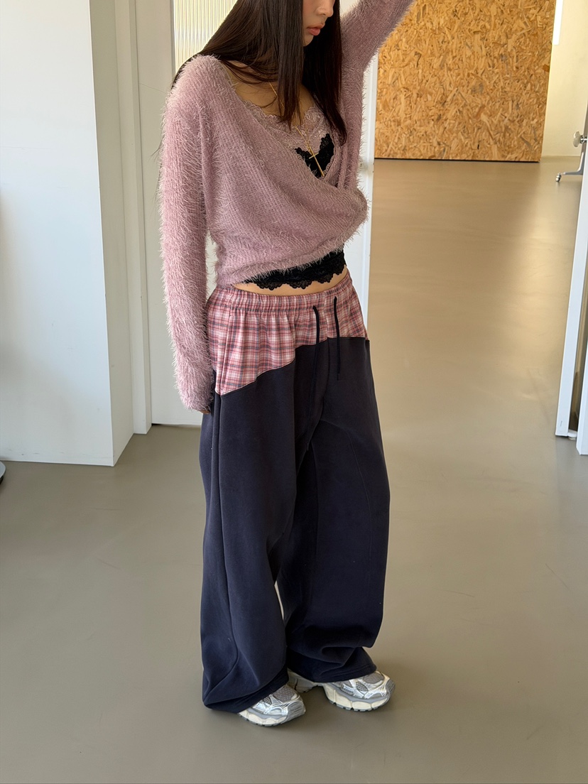 LOVE PULL東大門直郵26秋冬格紋拼接闊腿休閑褲抽繩格紋LOVE PULL休閑褲